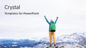  Presentation with mountain climb - PPT layouts with conquiste - female hiker with backpack raised background and a sky blue colored foreground