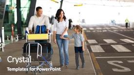  Presentation with airport - Amazing PPT theme having conquistadores - cheerful young family at airport backdrop and a gray colored foreground