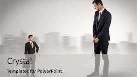  Presentation with suitcase - Theme consisting of consciencie - giant businessman being afraid background and a light gray colored foreground