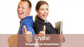  Presentation with happy anniversay work - Theme consisting of consent - happy worker and cheering businesswoman background and a coral colored foreground