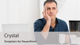  Presentation with young man holdng laptop on lap money - Theme having consideration - portrait of a worried mature background and a light gray colored foreground