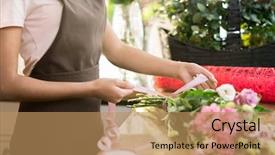  Presentation with pink silk - Slide set with consistent - florist in apron tying nude background and a coral colored foreground
