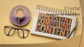  Presentation with social media - Slide set having consistent compelling content - recommendation for creativity bloging and social media marketing - a word abstract in vintage letterpress wood type in a notebook flat lay with coffee and glasses background and a coral colored foreground