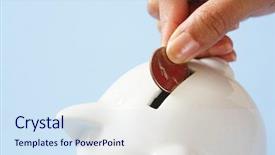  Presentation with piggy bank - Presentation theme with consoidation - woman saving a coin background and a sky blue colored foreground