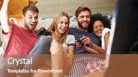  Presentation with war video game - Presentation theme featuring console games - group of friends wearing pajamas background and a coral colored foreground