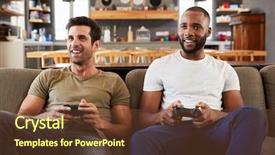  Presentation with video game - Slide deck having console games - two male friends sitting background and a tawny brown colored foreground