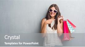  Presentation with finger - Beautiful presentation theme featuring consommateur emotion - young brunette woman over grunge backdrop and a gray colored foreground