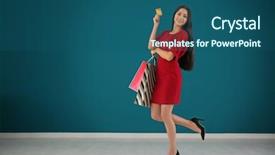  Presentation with credit card - PPT theme enhanced with consommateur emotion - happy young woman with credit background and a  colored foreground