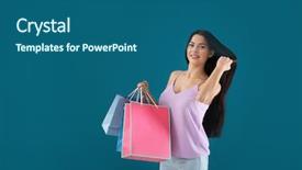  Presentation with woman pushing shopping trolley - Amazing presentation theme having consommateur emotion - happy young woman with shopping backdrop and a  colored foreground