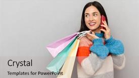  Presentation with cheerful - Beautiful PPT theme featuring consommateur emotion - image of cheerful woman 30s backdrop and a light gray colored foreground