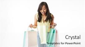  Presentation with poster on white wall above - Cool new theme with consommateur emotion - image of excited young asian backdrop and a  colored foreground