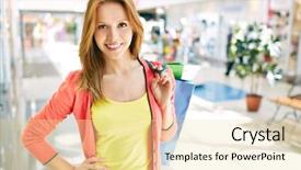  Presentation with recycle bags - Colorful PPT theme enhanced with consommateur emotion - portrait of pretty consumer backdrop and a  colored foreground