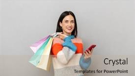  Presentation with paper bag vs plastic bags - Audience pleasing theme consisting of consommateur emotion - portrait of smiling woman 30s backdrop and a  colored foreground