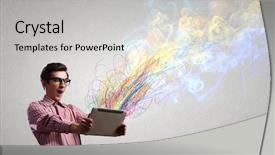  Presentation with tablet - Theme consisting of consommateur emotion - young man looking with shock background and a light gray colored foreground