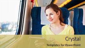  Presentation with computer - Amazing PPT theme having consommateur touristique - young woman using her tablet backdrop and a  colored foreground