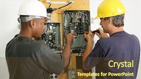  Presentation with electrical safety - Beautiful presentation featuring construcation mechanical electrical - electricians repairing breaker panel actual backdrop and a tawny brown colored foreground