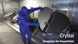  Presentation with blue tech - Amazing slide deck having construcci n - technician in mask blue uniform backdrop and a tawny brown colored foreground