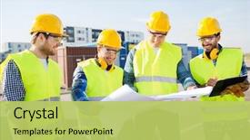  Presentation with building construction - PPT theme with construction - business building teamwork and people background and a yellow colored foreground