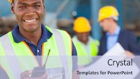  Presentation with worker - Presentation theme consisting of construction - happy african american industrial worker background and a sky blue colored foreground
