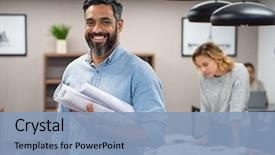  Presentation with architect - Theme enhanced with construction - portrait of multiethnic architect background and a light blue colored foreground