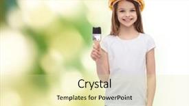  Presentation with paint brush - Slides featuring construction and people concept - smiling little girl in protective helmet with paint brush background and a blonde colored foreground