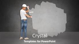  Presentation with renovation - Presentation theme with construction and renovation concept - handsome painter in helmet from the back background and a gray colored foreground
