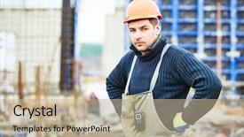  Presentation with building construction - Cool new PPT theme with construction builder worker at building backdrop and a mint green colored foreground