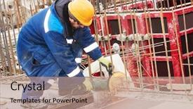  Presentation with building construction - Presentation featuring construction builder worker with grinder background and a coral colored foreground