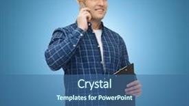  Presentation with maintenance technology - Cool new PPT theme with construction building people technology and maintenance concept - smiling male builder or manual worker in helmet with clipboard calling on smartphone over blue background backdrop and a ocean colored foreground
