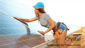  Presentation with electrical engineer solar portable - Presentation enhanced with construction cap - beautiful young engineer near solar background and a gold colored foreground