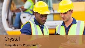  Presentation with construction work - Amazing presentation theme having construction co-workers discussing backdrop and a coral colored foreground