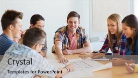  Presentation with architecture construction - Colorful presentation theme enhanced with construction college building - education school architecture and people backdrop and a coral colored foreground