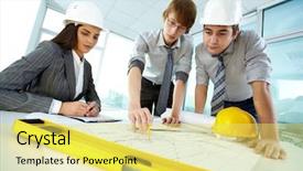  Presentation with cooperative cooperation at new project - Theme enhanced with construction communication - three architects discussing new project background and a yellow colored foreground