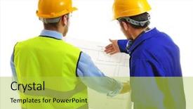  Presentation with buildings engineering construction engineers - Beautiful PPT theme featuring construction company - two engineers discussing project isolated backdrop and a yellow colored foreground