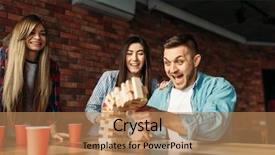  Presentation with cafe - Presentation design featuring construction competition - happy friends plays table game background and a coral colored foreground