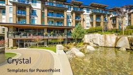  Presentation with vancouver - Presentation design consisting of construction condo - apartment building with outdoor pond background and a coral colored foreground