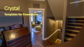  Presentation with room interior design - Slide deck having construction condo - beautiful living room interior background and a tawny brown colored foreground