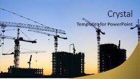  Presentation with crane - Presentation design having construction cranes silhouette sunset background and a light blue colored foreground