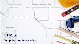  Presentation with construction tools - Theme featuring construction drawing with helmet background and a sky blue colored foreground
