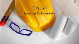  Presentation with construction tools - PPT layouts consisting of construction drawings with tools and helmet top view background and a gold colored foreground