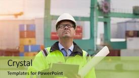  Presentation with safety construction - Audience pleasing slides consisting of port inspector - construction engineer wearing safety vest backdrop and a yellow colored foreground