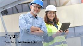  Presentation with buildings engineering construction engineers - Slide deck enhanced with construction engineers meeting outside building background and a seafoam green colored foreground