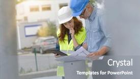  Presentation with buildings engineering construction engineers - Slide set consisting of construction engineers meeting outside building background and a gray colored foreground