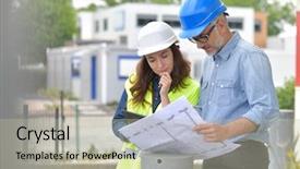  Presentation with safety meeting - Slide set with construction engineers meeting outside building background and a mint green colored foreground