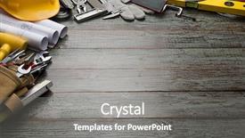  Presentation with safety - Slide set with construction equipments on natural wood background and a gray colored foreground