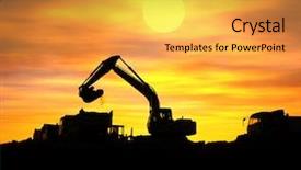  Presentation with digger derrick - Presentation consisting of construction excavator - digger shovel working at subset background and a yellow colored foreground