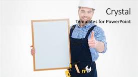  Presentation with holding hands old young - Colorful theme enhanced with construction exelence - cheerful attractive young builder holding backdrop and a  colored foreground