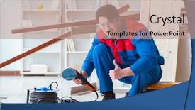  Presentation with old wood planks - Slide set featuring construction exelence - young carpenter working with wooden background and a  colored foreground
