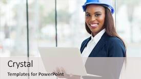 Presentation with architect - PPT theme enhanced with construction hat - attractive young african architect using background and a light gray colored foreground