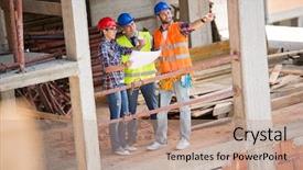  Presentation with team building compass - PPT theme having construction hat - group of building constructers discussing background and a coral colored foreground